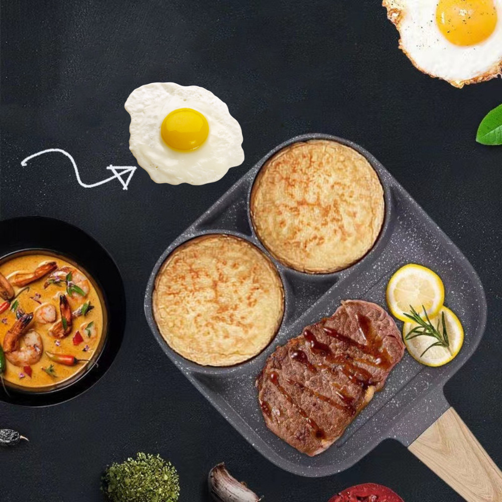 Frigideira Antiaderente com 3 Compartimentos + Kit de 5 Utensílios de Bambu - Uzy Shop