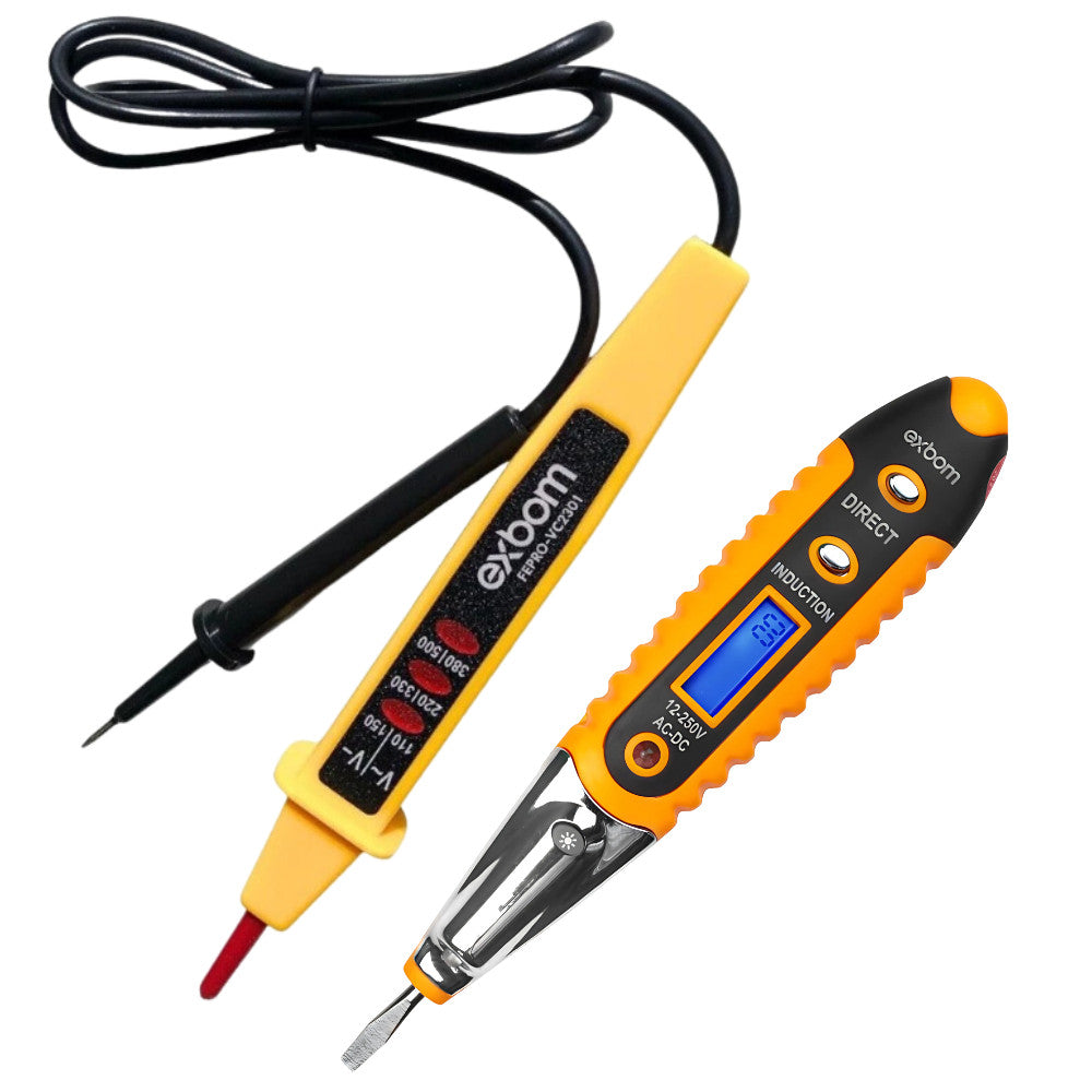 Kit testador de tomada digital e caneta detectora para medições seguras e práticas em instalações elétricas.