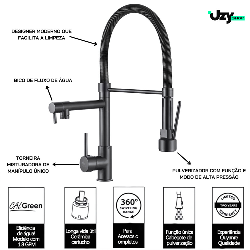 Torneira Cozinha Gourmet Misturador Ducha Duo Spray Preto – Estilo e Funcionalidade Premium! - Uzy Shop