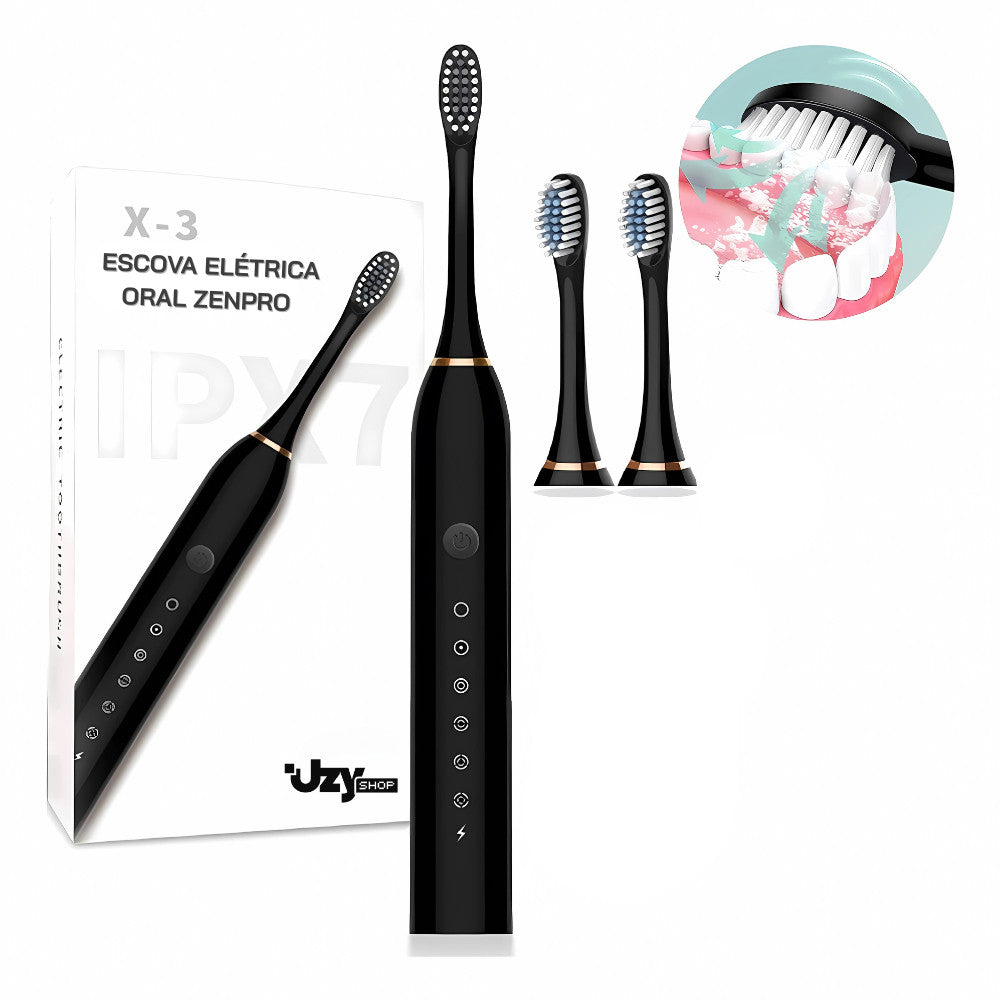 Escova Dental Elétrica Ultrassônica USB 6 Modos IPX7 Recarregável + 2 Refis Limpeza Profunda