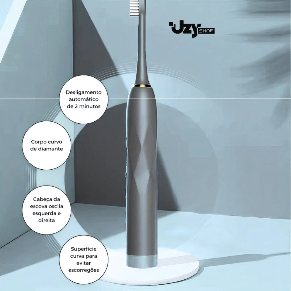 Escova Dental Elétrica Ultrassônica USB 6 Modos IPX7 Recarregável + 2 Refis Limpeza Profunda