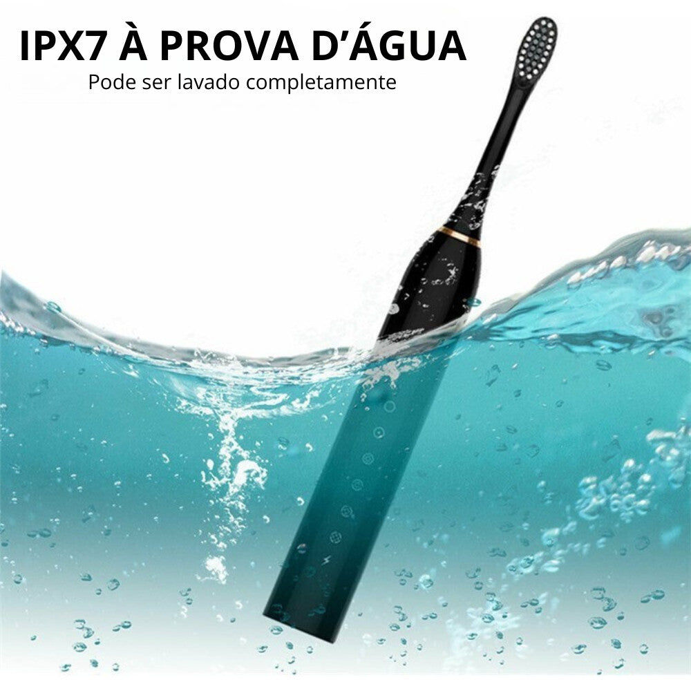 Escova Dental Elétrica Ultrassônica USB 6 Modos IPX7 Recarregável + 2 Refis Limpeza Profunda