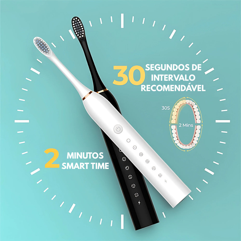 Escova Dental Elétrica Ultrassônica USB 6 Modos IPX7 Recarregável + 2 Refis Limpeza Profunda