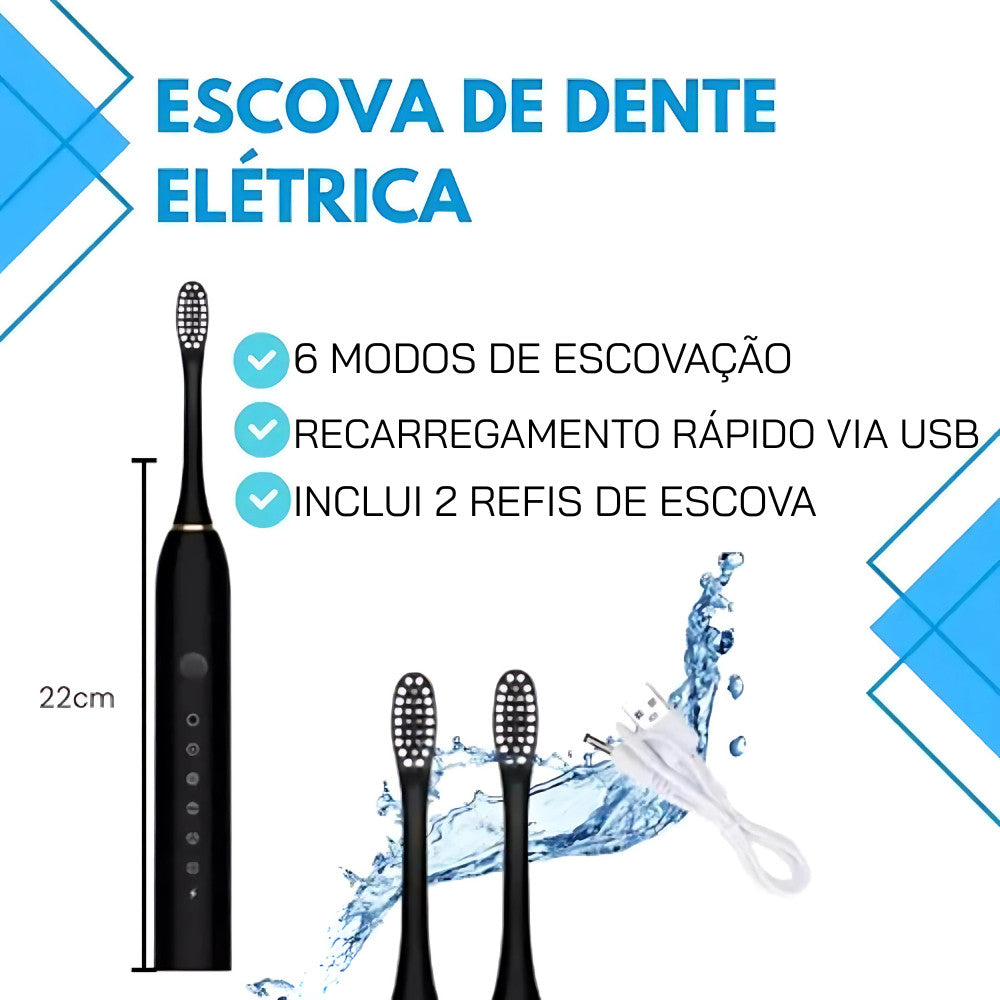 Escova Dental Elétrica Ultrassônica USB 6 Modos IPX7 Recarregável + 2 Refis Limpeza Profunda