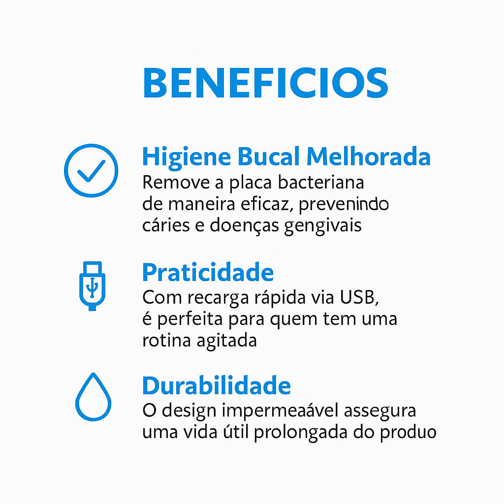 Escova Dental Elétrica Ultrassônica USB 6 Modos IPX7 Recarregável + 2 Refis Limpeza Profunda