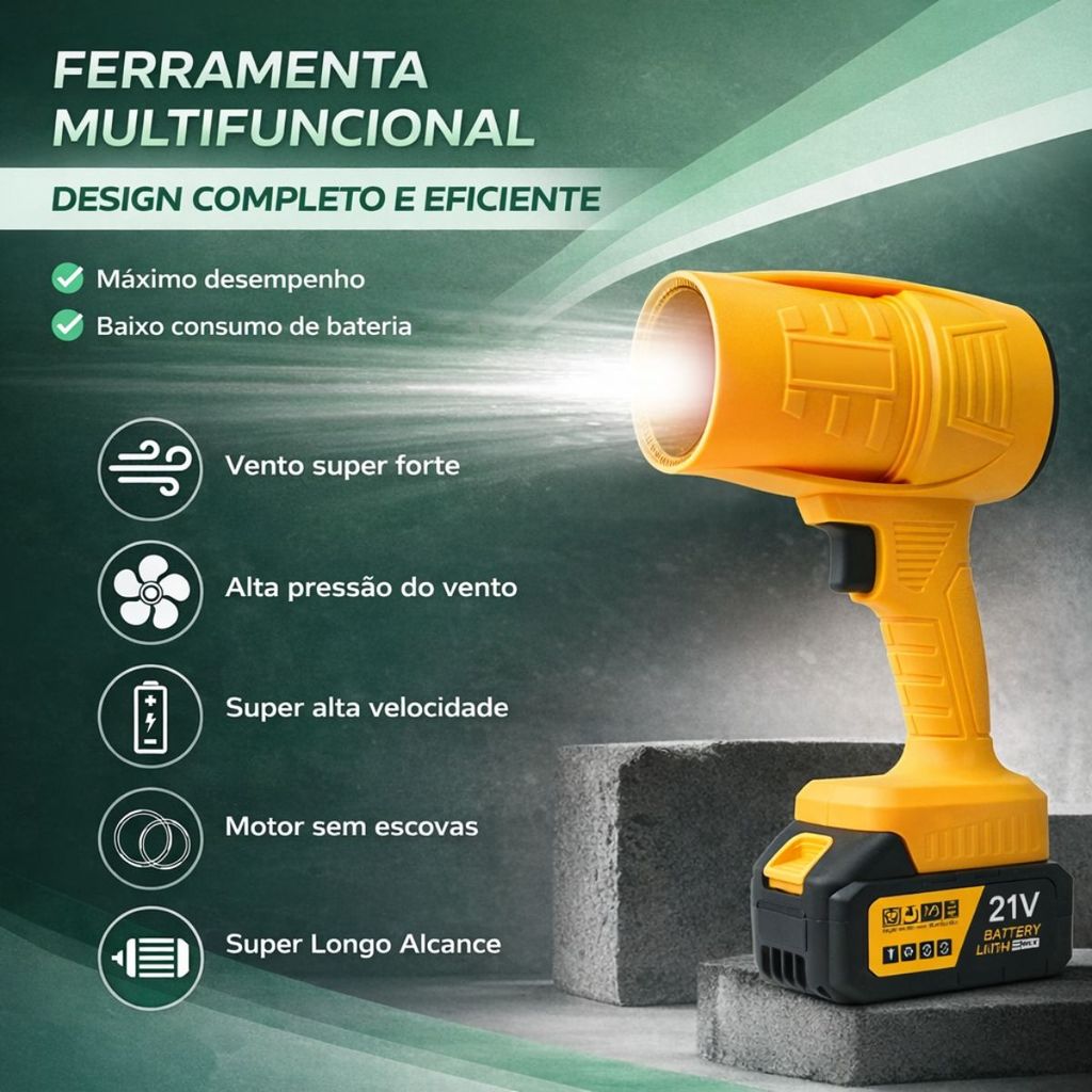 Soprador De Folhas Turbo Sem Fio Bateria 21V Recarregável Potente Limpeza Interna e Externa Bivolt