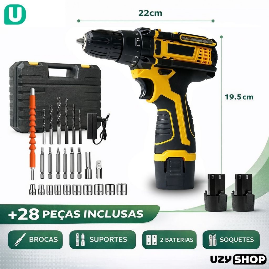Parafusadeira Furadeira Sem Fio 2 Baterias 15V Recarregáveis Bivolt Com Maleta e 28 Acessórios
