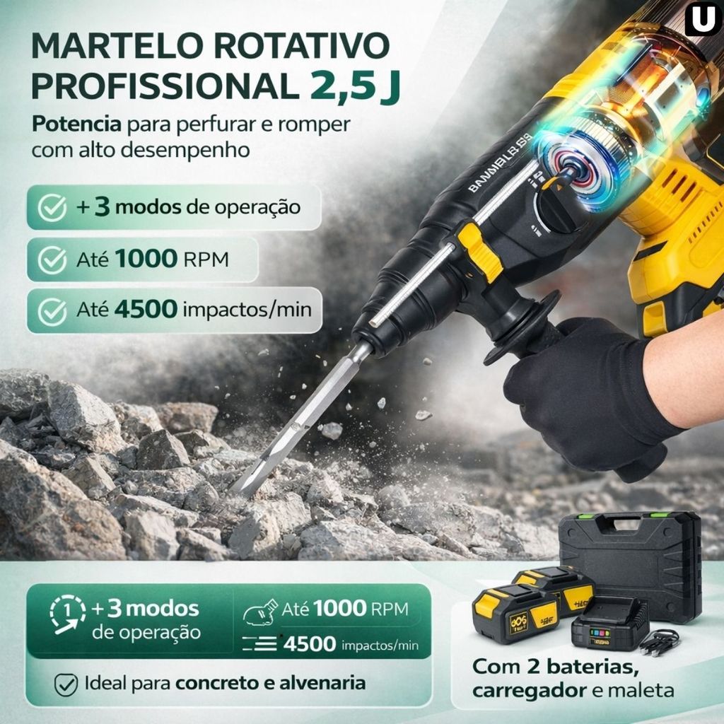 Martelete Elétrico Perfurador Rompedor Professional com Duas Baterias Recarregável 88V 30000Mah