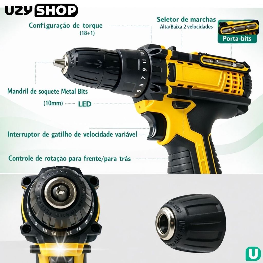 Parafusadeira Furadeira Sem Fio 2 Baterias 15V Recarregáveis Bivolt Com Maleta e 28 Acessórios