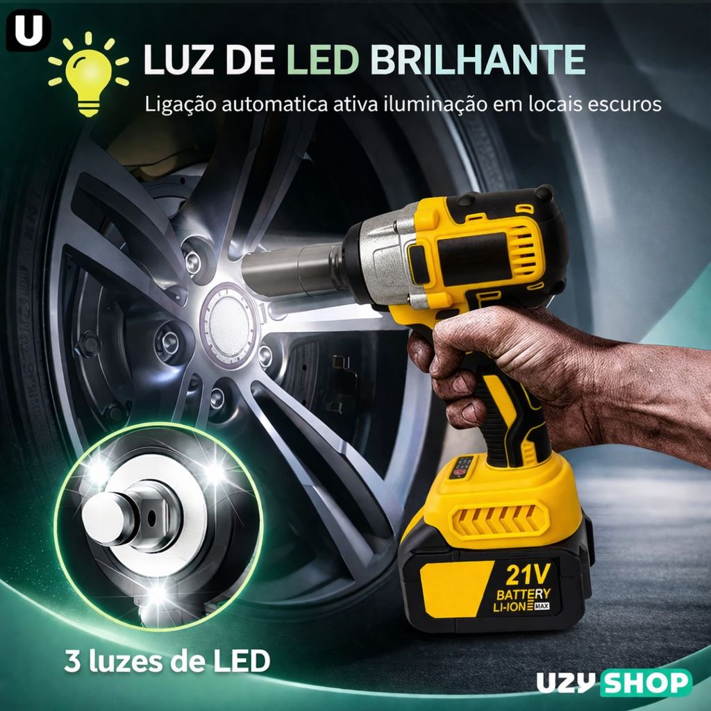 Chave de impacto 450nm Sem Fio com 2 baterias 21V sem escova e Maleta com 14 Acessórios Bivolt