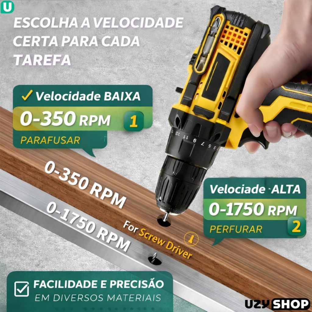 Parafusadeira Furadeira Sem Fio 2 Baterias 15V Recarregáveis Bivolt Com Maleta e 28 Acessórios