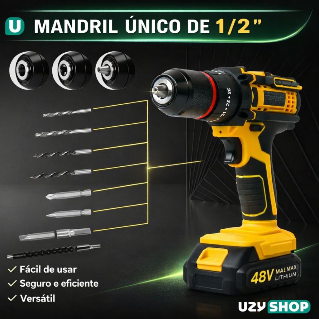 Parafusadeira Furadeira Sem Fio 2 Baterias 48V Mandril de 13mm  Acessórios completos