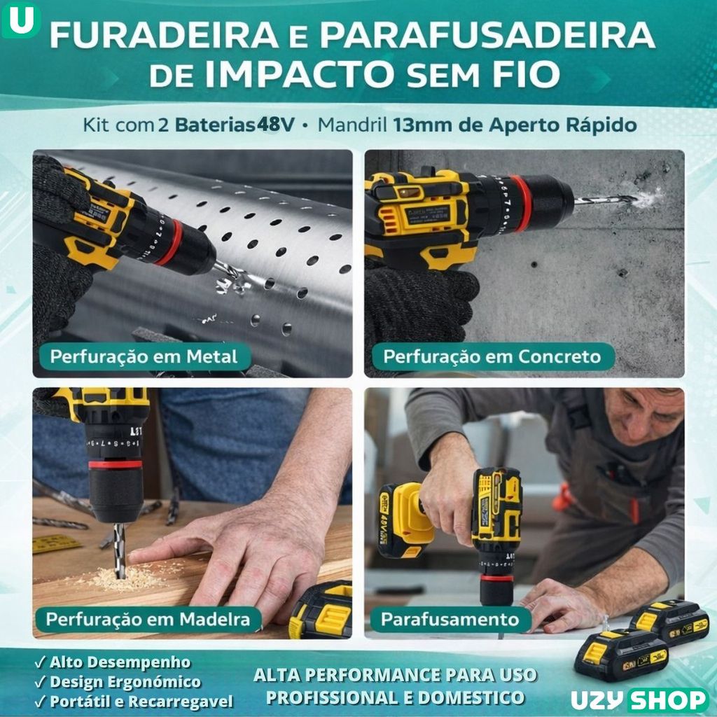 Parafusadeira Furadeira Sem Fio 2 Baterias 48V Mandril de 13mm  Acessórios completos