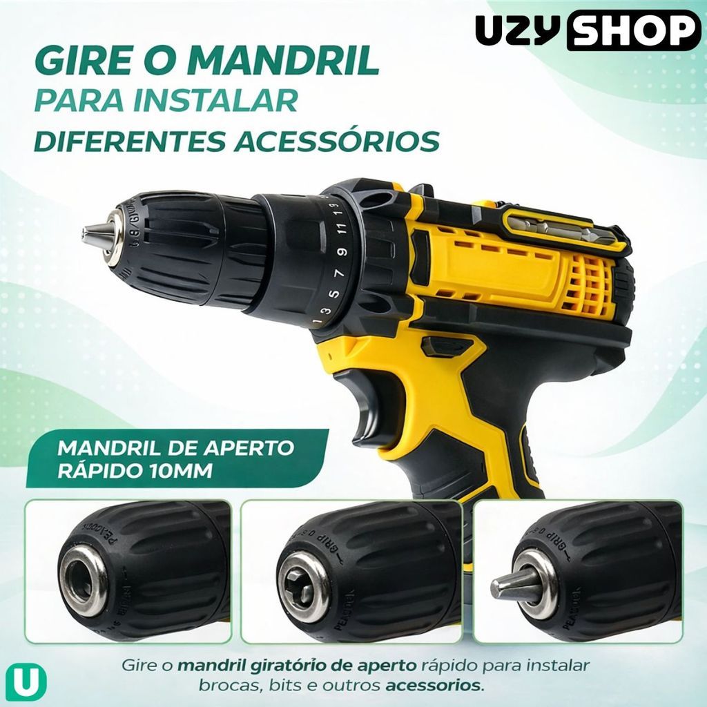 Parafusadeira Furadeira Sem Fio 2 Baterias 15V Recarregáveis Bivolt Com Maleta e 28 Acessórios