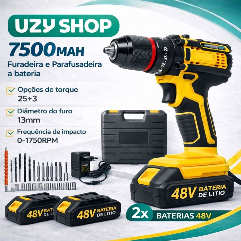 Parafusadeira Furadeira Sem Fio 2 Baterias 48V Mandril de 13mm  Acessórios completos