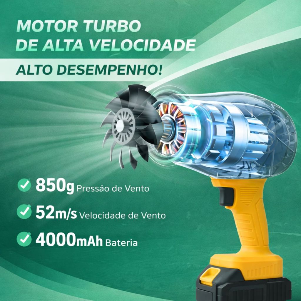 Soprador De Folhas Turbo Sem Fio Bateria 21V Recarregável Potente Limpeza Interna e Externa Bivolt