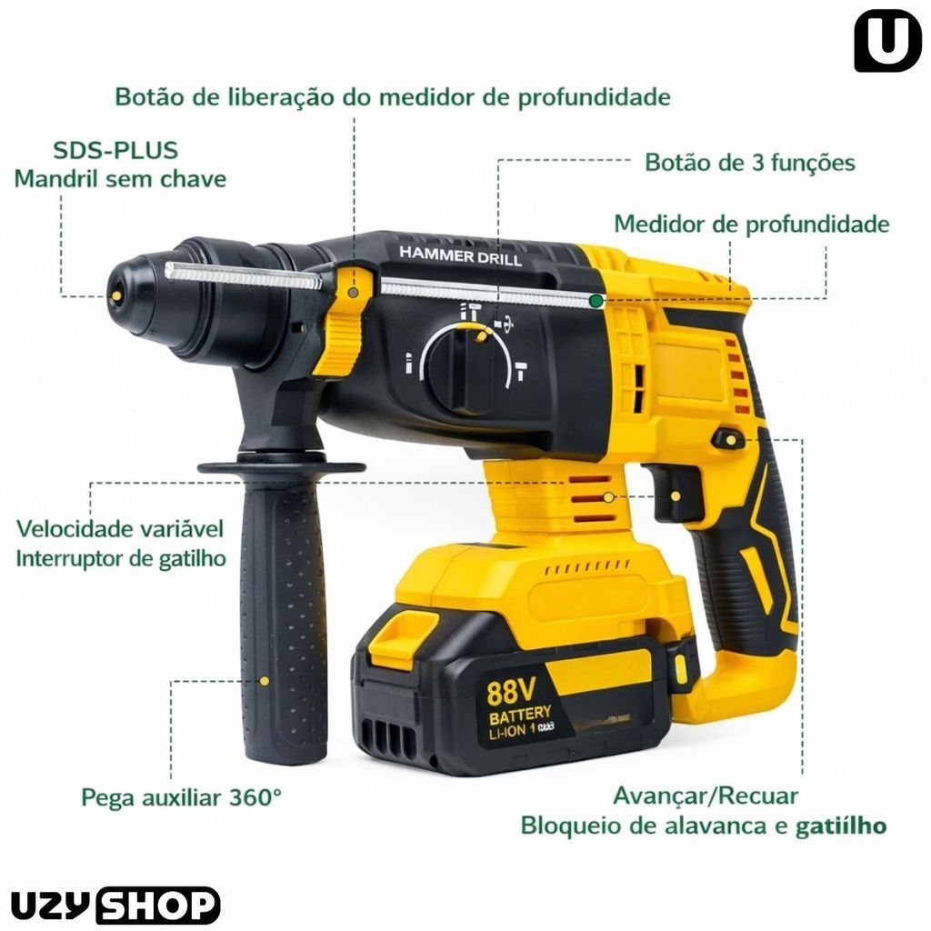 Martelete Elétrico Perfurador Rompedor Professional com Duas Baterias Recarregável 88V 30000Mah