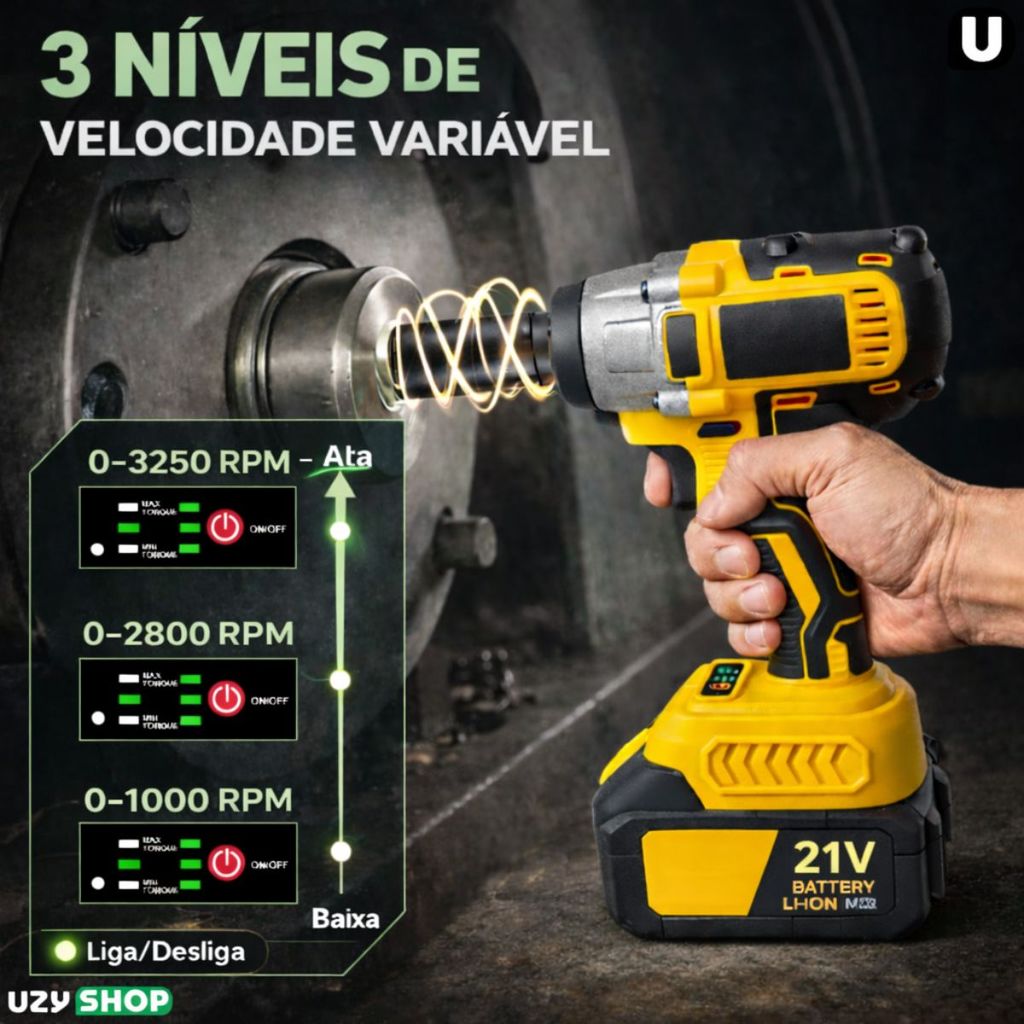 Chave de impacto 450nm Sem Fio com 2 baterias 21V sem escova e Maleta com 14 Acessórios Bivolt