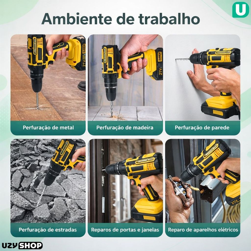 Parafusadeira Furadeira 2 Baterias 21V Sem Fio 3 funções Com Maleta e 37 Acessórios Bivolt