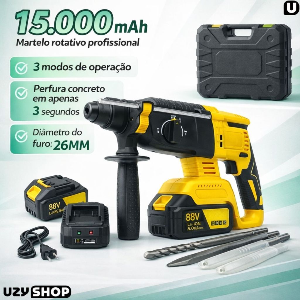 Martelete Elétrico Perfurador Rompedor Professional com Duas Baterias Recarregável 88V 30000Mah