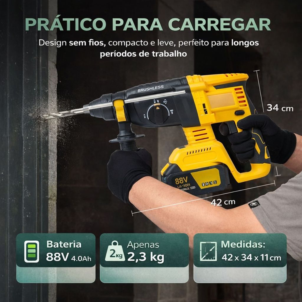 Martelete Elétrico Perfurador Rompedor Professional com Duas Baterias Recarregável 88V 30000Mah