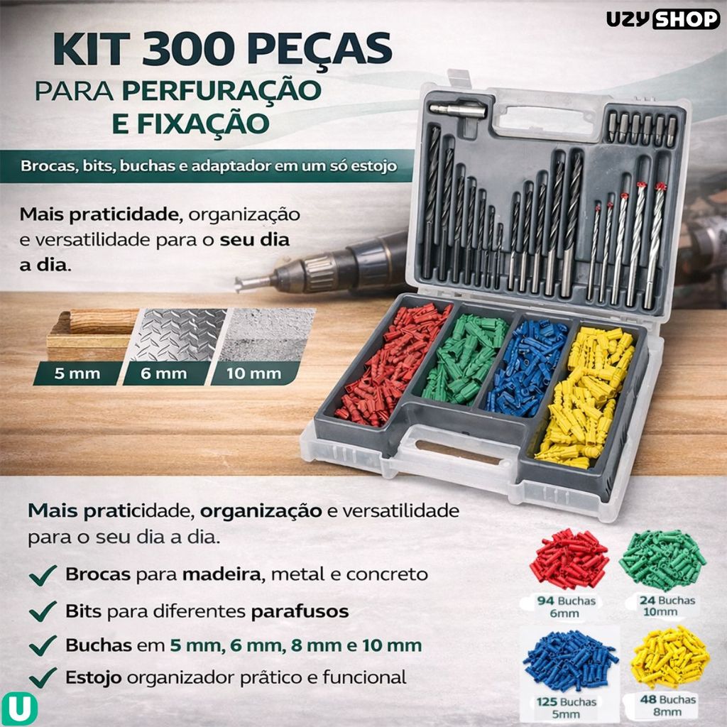 Jogo 300 Peças Brocas Bits Titanium Buchas Perfuração Profissional Durabilidade para Perfuração