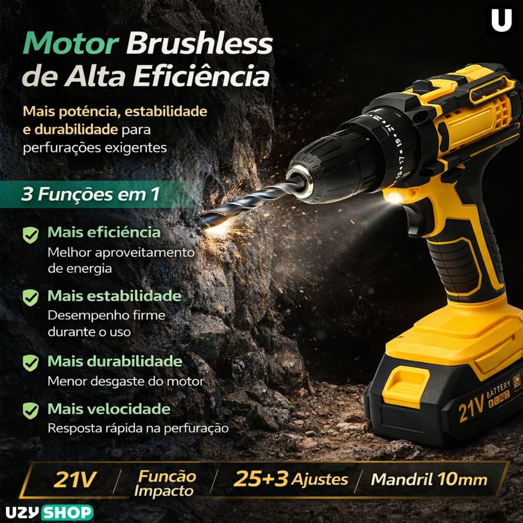Parafusadeira Furadeira 2 Baterias 21V Sem Fio 3 funções Com Maleta e 37 Acessórios Bivolt