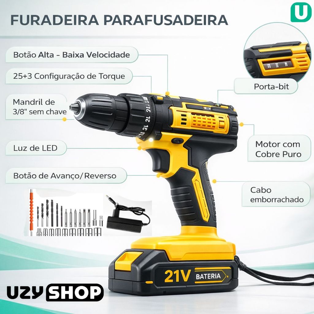 Parafusadeira Furadeira Elétrica 2 Baterias 21V Sem Fio 3 funções Maleta com 28 Acessórios Bivolt