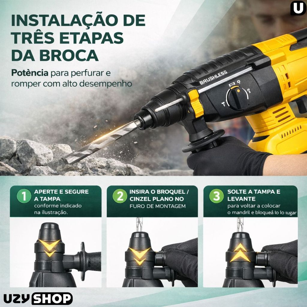 Martelete Elétrico Perfurador Rompedor Professional com Duas Baterias Recarregável 88V 30000Mah