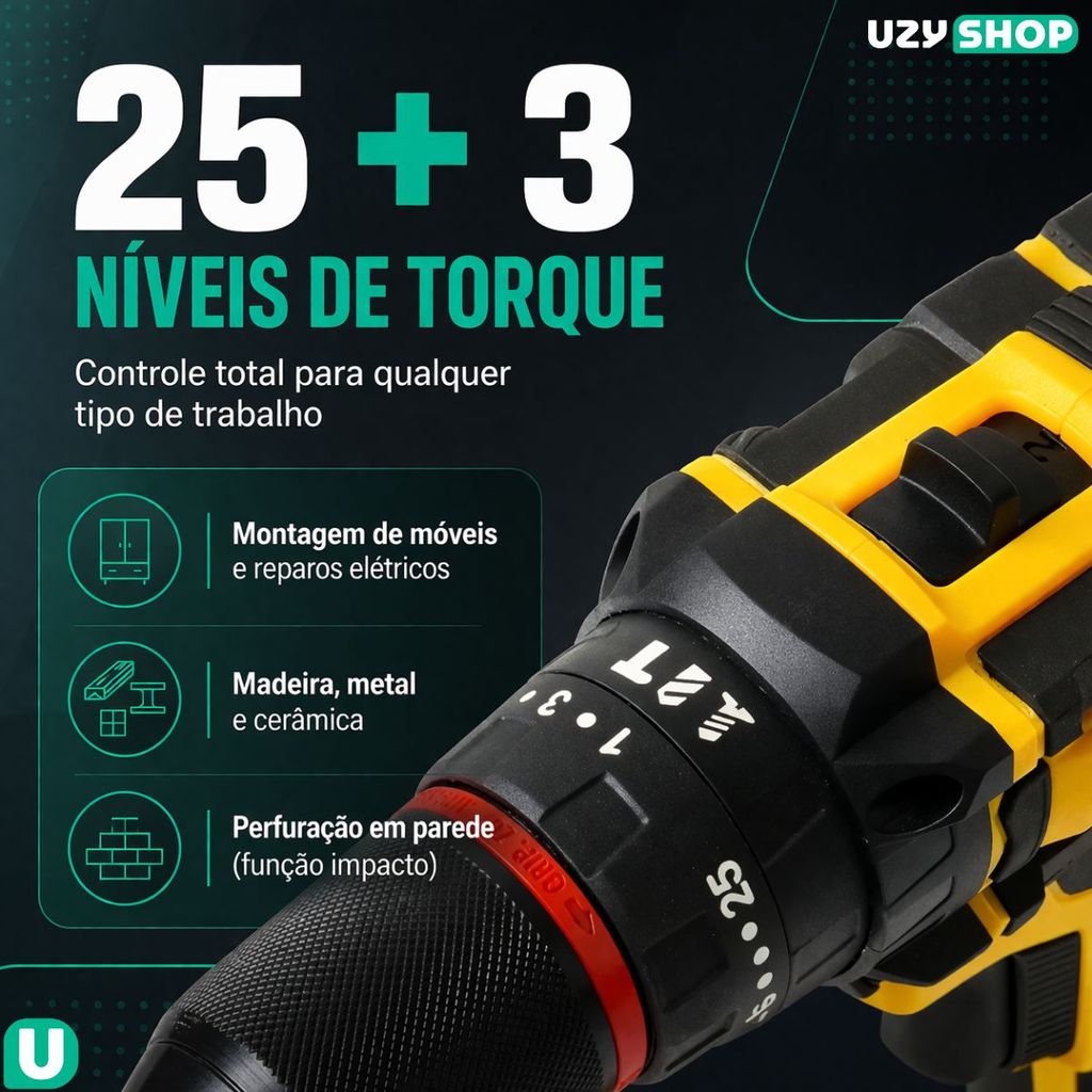 Parafusadeira Furadeira Sem Fio 2 Baterias 48V Mandril de 13mm  Acessórios completos