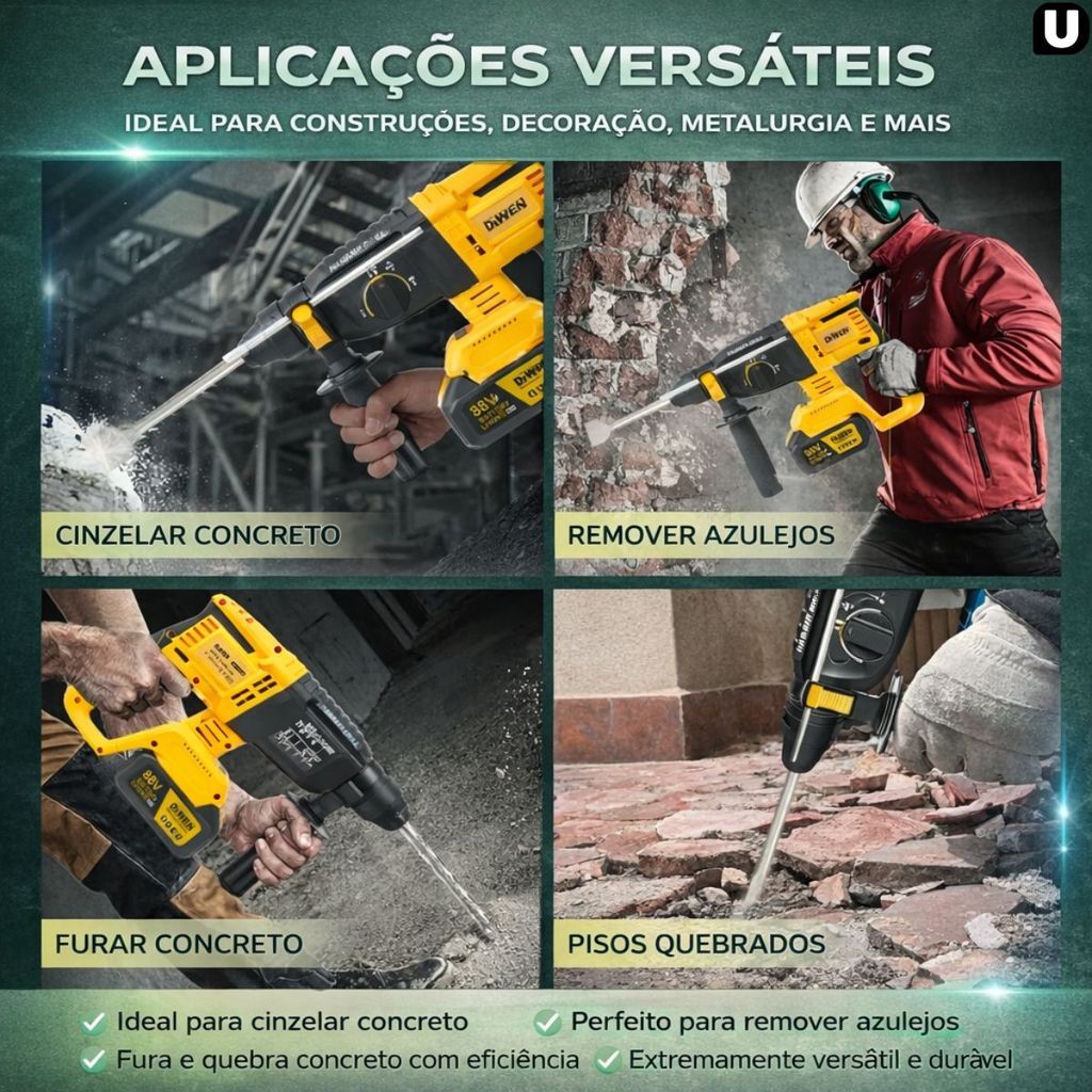 Martelete Elétrico Perfurador Rompedor Professional com Duas Baterias Recarregável 88V 30000Mah