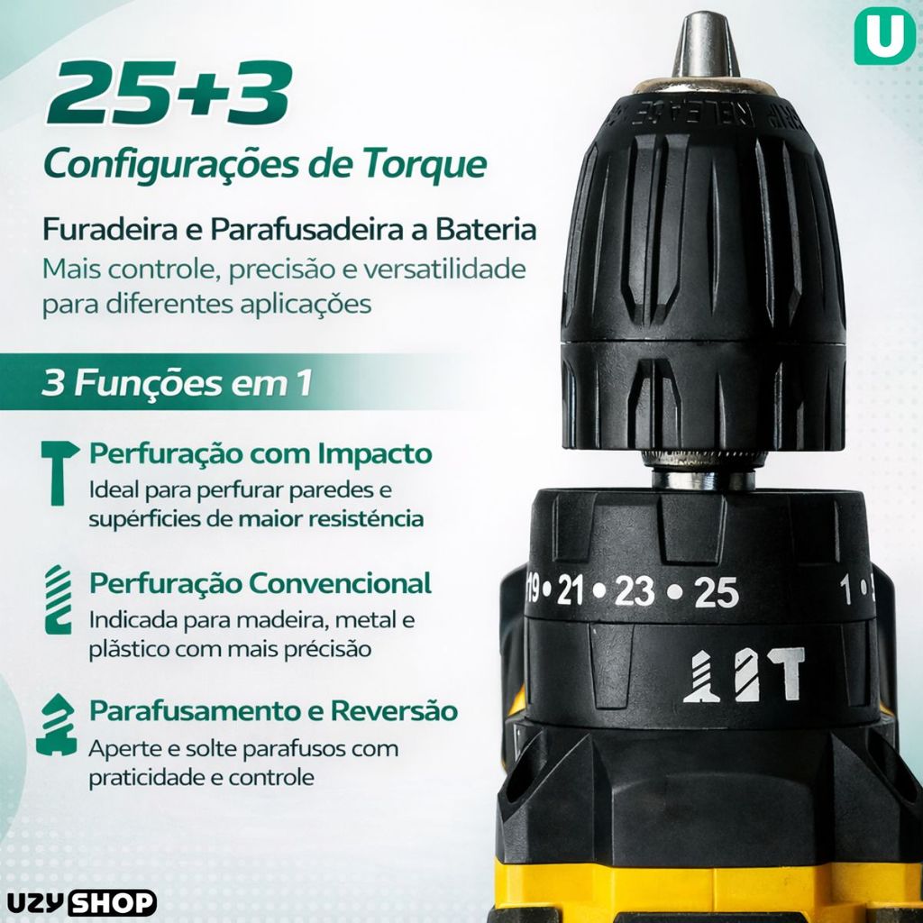 Parafusadeira Furadeira Elétrica 2 Baterias 21V Sem Fio 3 funções Maleta com 28 Acessórios Bivolt