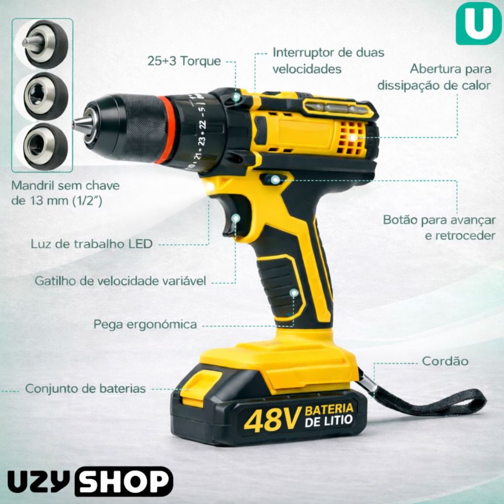 Parafusadeira Furadeira Sem Fio 2 Baterias 48V Mandril de 13mm  Acessórios completos