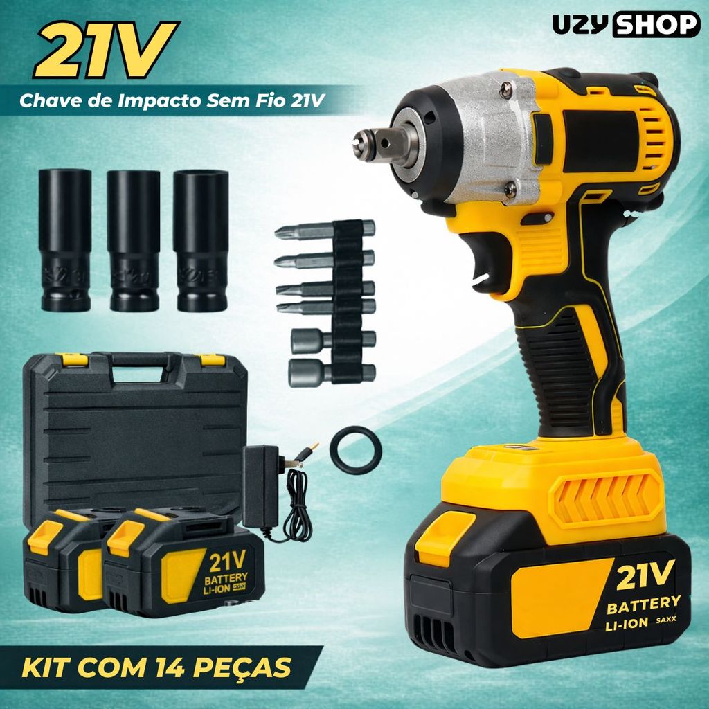 Chave de impacto 450nm Sem Fio com 2 baterias 21V sem escova e Maleta com 14 Acessórios Bivolt
