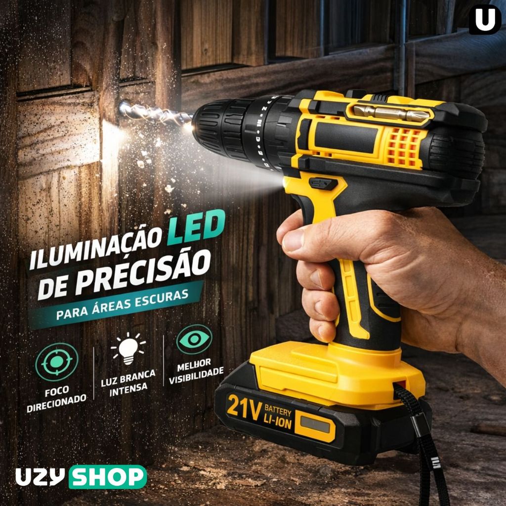 Parafusadeira Furadeira 2 Baterias 21V Sem Fio 3 funções Com Maleta e 37 Acessórios Bivolt