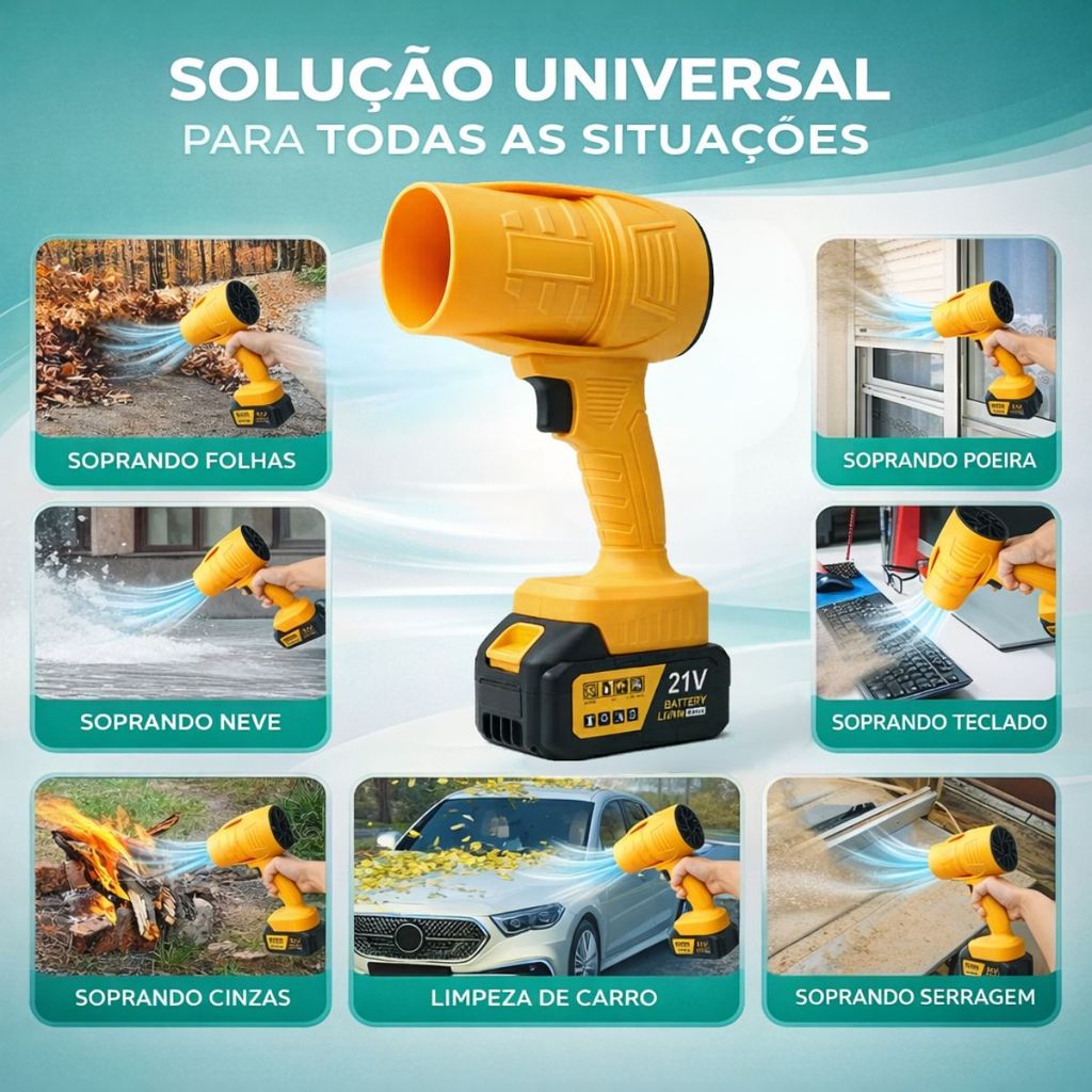 Soprador De Folhas Turbo Sem Fio Bateria 21V Recarregável Potente Limpeza Interna e Externa Bivolt