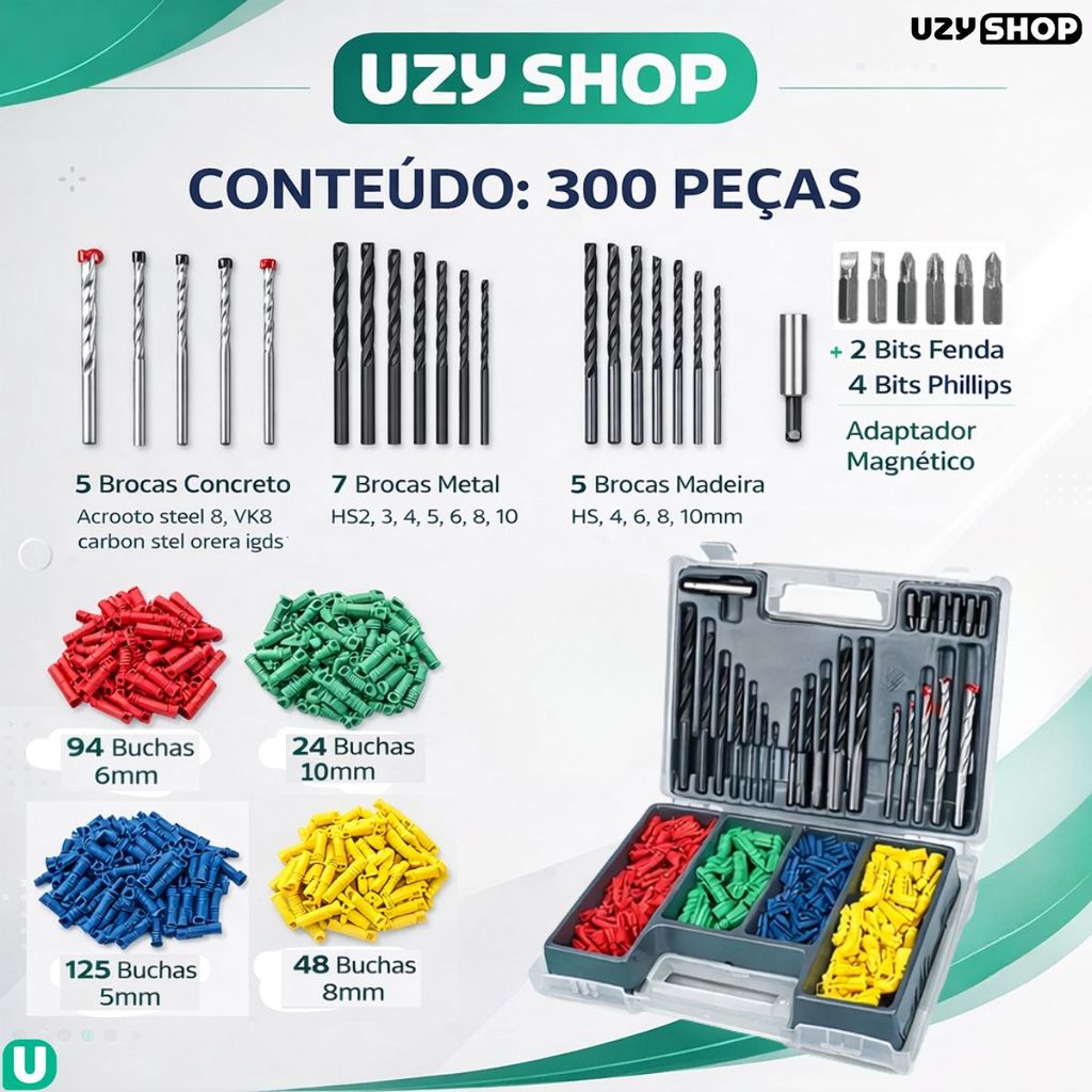 Jogo 300 Peças Brocas Bits Titanium Buchas Perfuração Profissional Durabilidade para Perfuração