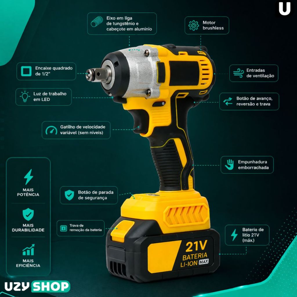 Chave de impacto 450nm Sem Fio com 2 baterias 21V sem escova e Maleta com 14 Acessórios Bivolt
