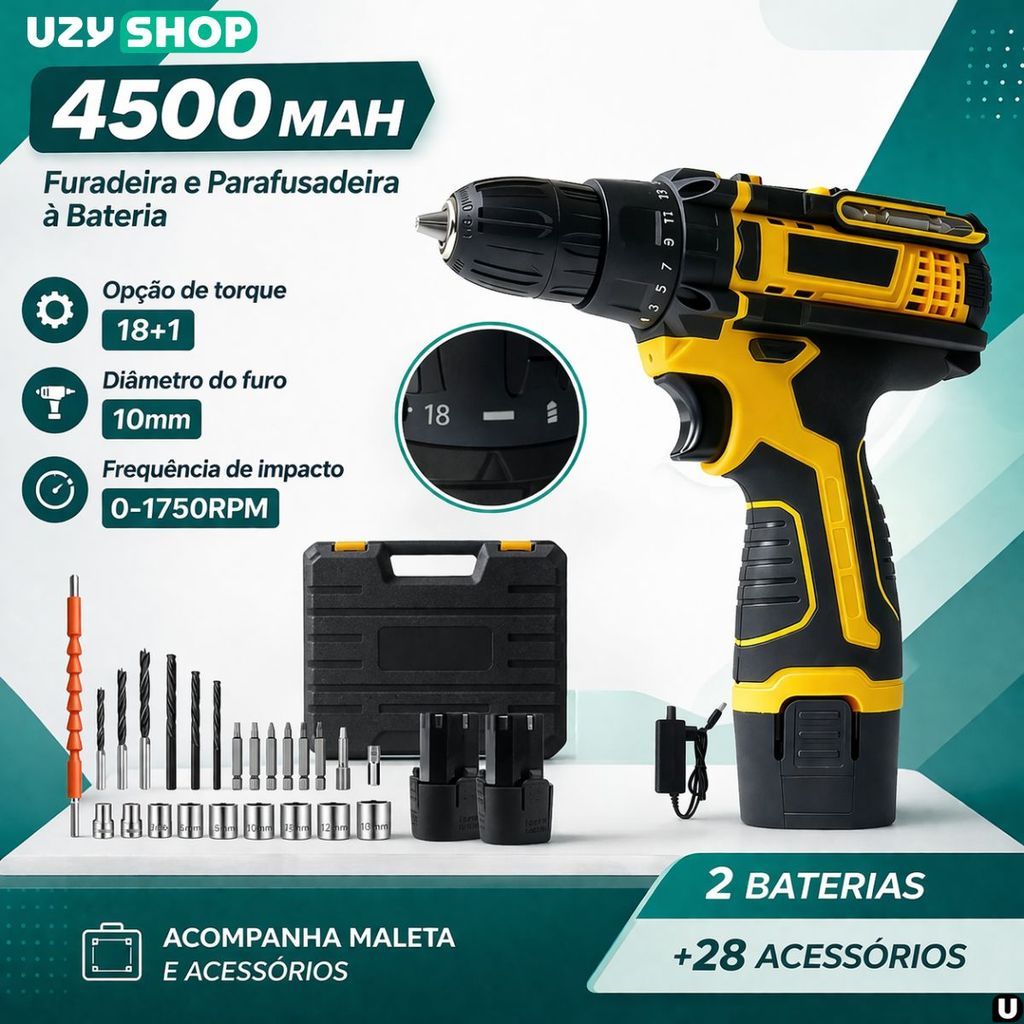 Parafusadeira Furadeira Sem Fio 2 Baterias 15V Recarregáveis Bivolt Com Maleta e 28 Acessórios