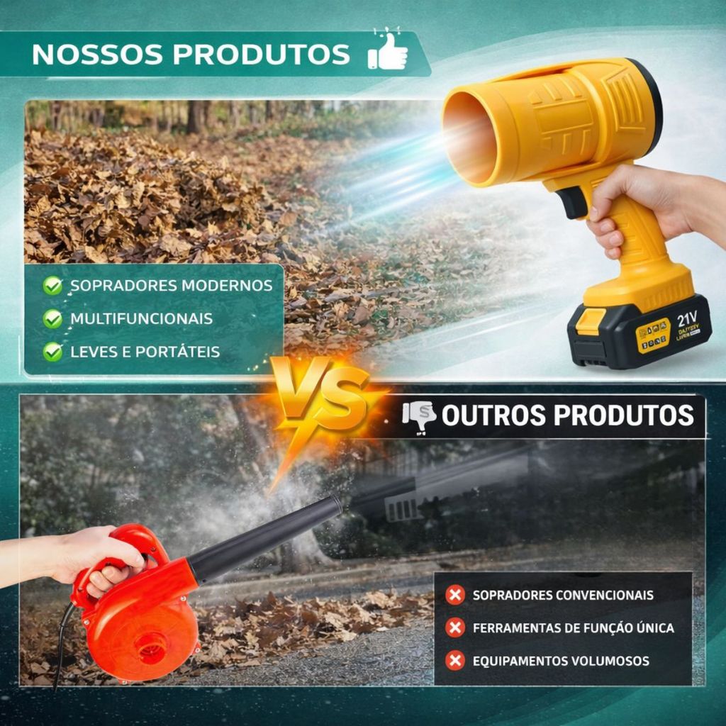 Soprador De Folhas Turbo Sem Fio Bateria 21V Recarregável Potente Limpeza Interna e Externa Bivolt