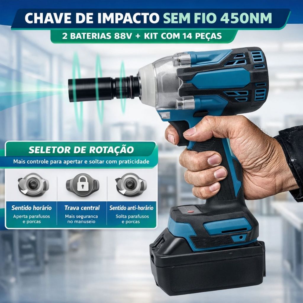 Chave de Impacto Sem Fio 450Nm Brushless 2 Baterias 88V Bivolt