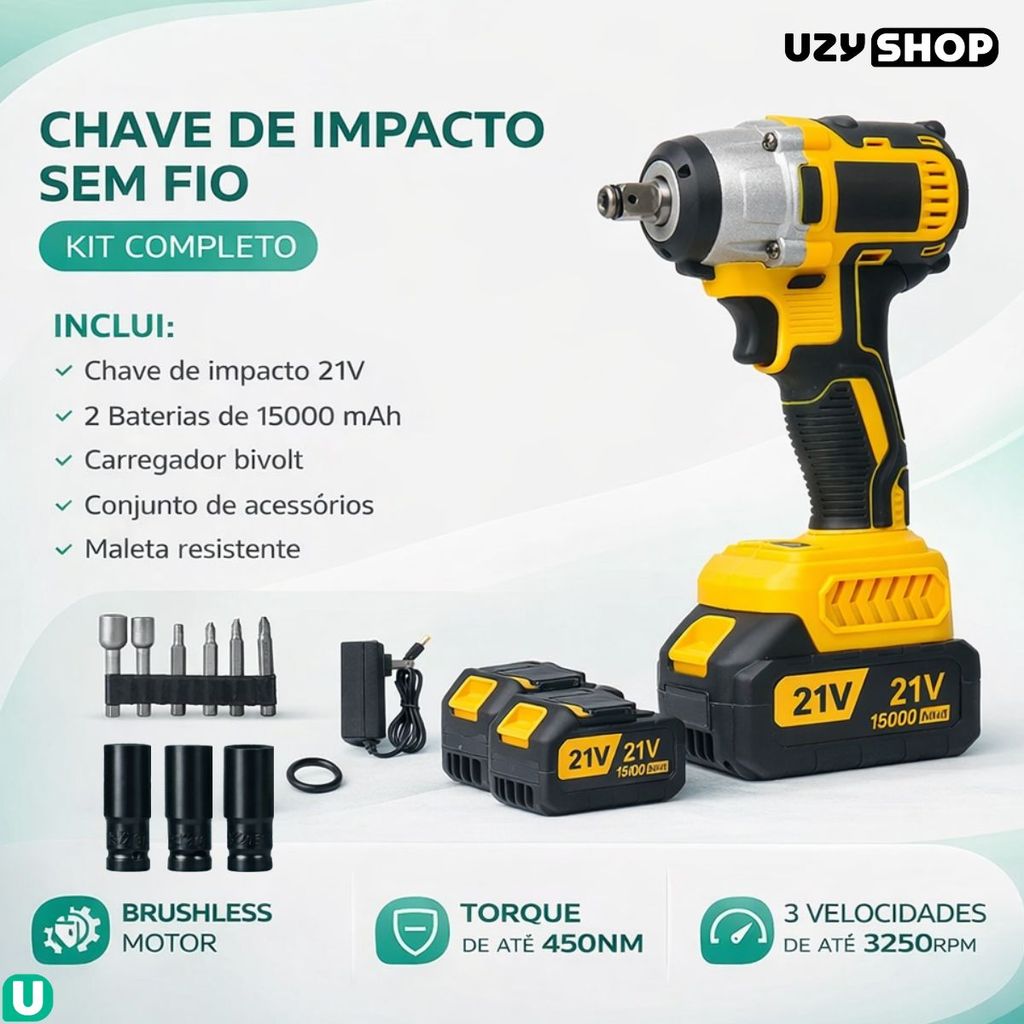 Chave de impacto 450nm Sem Fio com 2 baterias 21V sem escova e Maleta com 14 Acessórios Bivolt