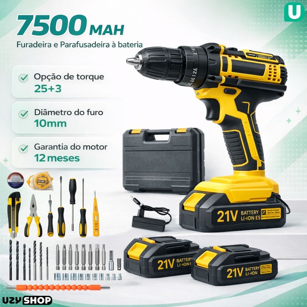 Parafusadeira Furadeira 2 Baterias 21V Sem Fio 3 funções Com Maleta e 37 Acessórios Bivolt