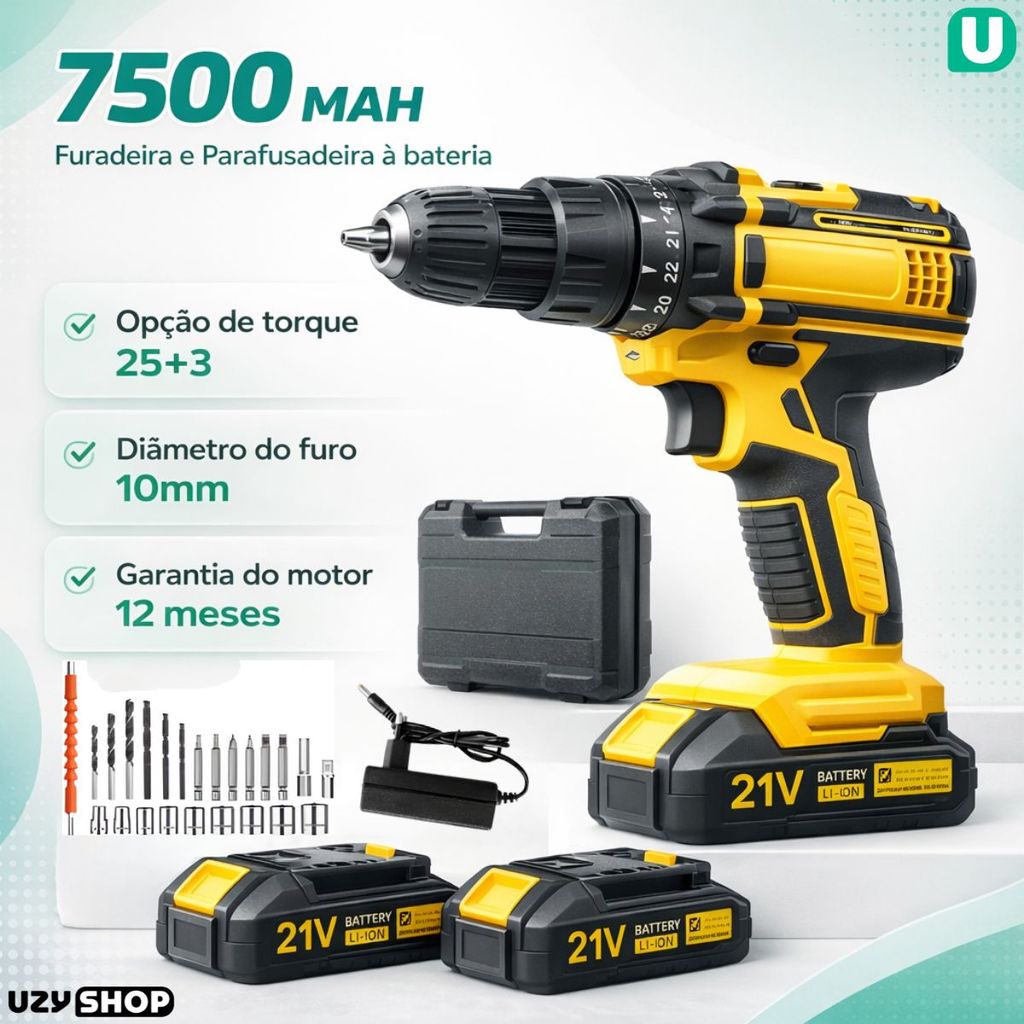 Parafusadeira Furadeira Elétrica 2 Baterias 21V Sem Fio 3 funções Maleta com 28 Acessórios Bivolt