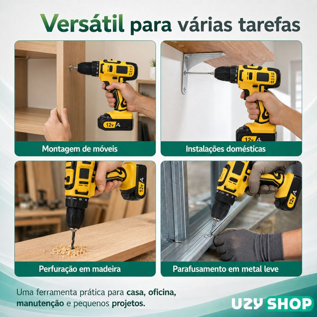 Parafusadeira Furadeira de Impacto Sem Fio 2 Baterias 12V Mandril 10mm Maleta com 28pcs Bivolt