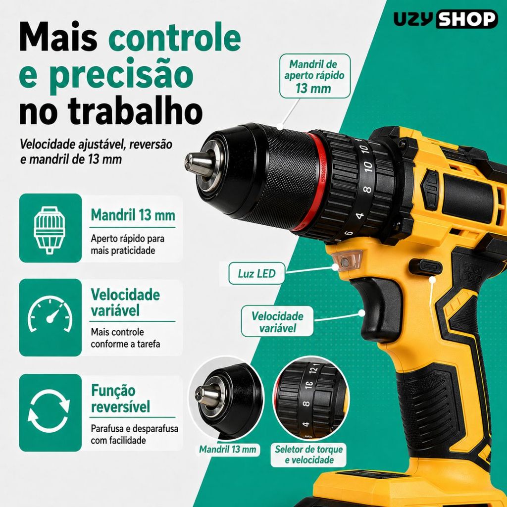 Parafusadeira Furadeira Impacto 48V Brushless 2 Baterias Maleta Acessórios Mandril 13mm Kit Completo