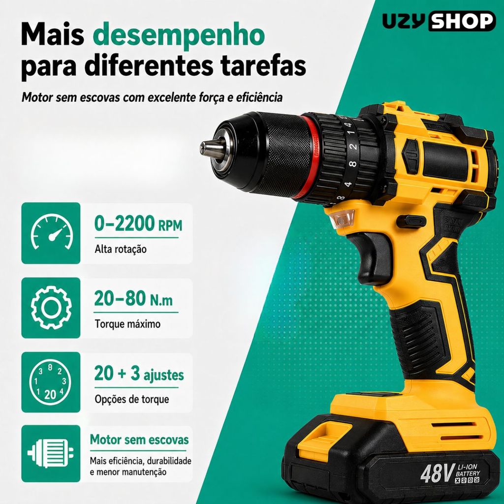 Parafusadeira Furadeira Impacto 48V Brushless 2 Baterias Maleta Acessórios Mandril 13mm Kit Completo