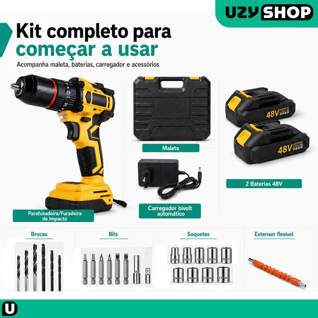 Parafusadeira Furadeira Impacto 48V Brushless 2 Baterias Maleta Acessórios Mandril 13mm Kit Completo