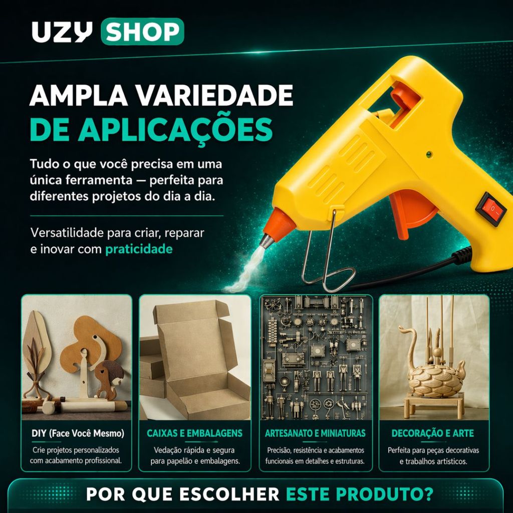 Pistola Aplicadora de Cola Quente 20W + 10 Bastões Finos 7mm Secagem Rápida 110V e 220V Artesanato