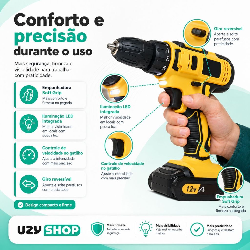Parafusadeira Furadeira de Impacto Sem Fio 2 Baterias 12V Mandril 10mm Maleta com 28pcs Bivolt